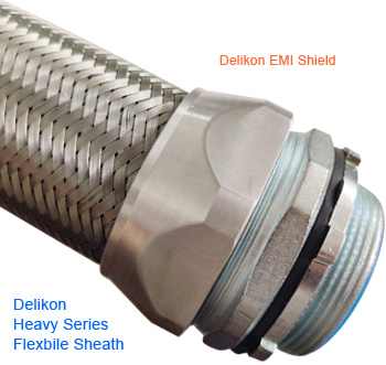 Use Delikon Electromagnetic Shielding Heavy Series Over Braided Flexible Conduit and Heavy Series Connector to protect wire and cable from signal distortion caused by nearby equipment and devices. 
