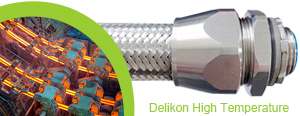 Delikon High Temperature EMI RFI Shielding Heavy Series Over Braided Flexible Conduit and High Temperature EMI RFI Shield Termination Heavy Series Connector protect and shield aluminum plant and steel mill Endless Strip Production line automation and process control cables and wires and VFD cables